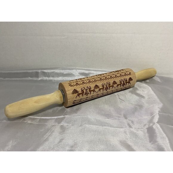 Wooden Embossing Rolling Pin Christmas Engraved Elk Baking Cookies 7" - Picture 1 of 2
